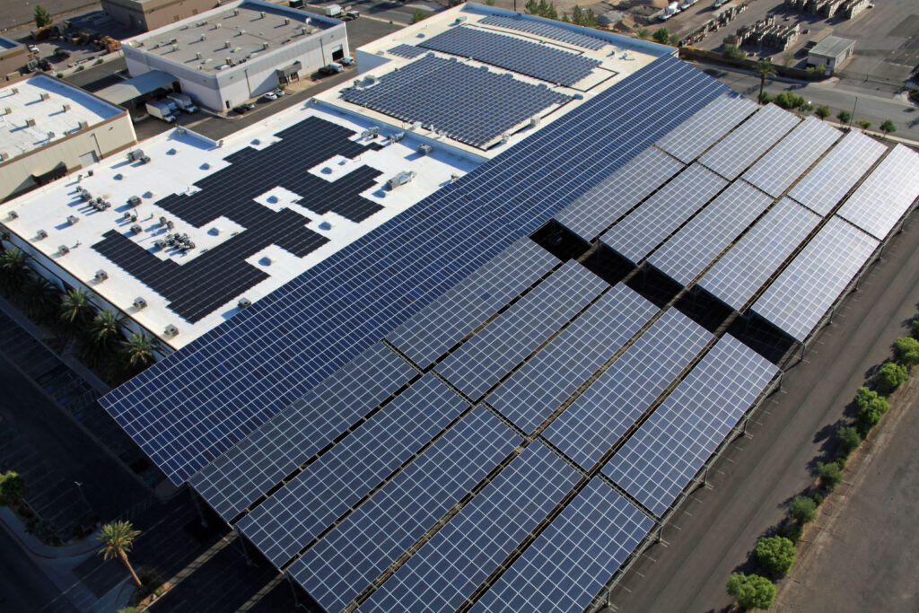 a massive solar array covering a parking area